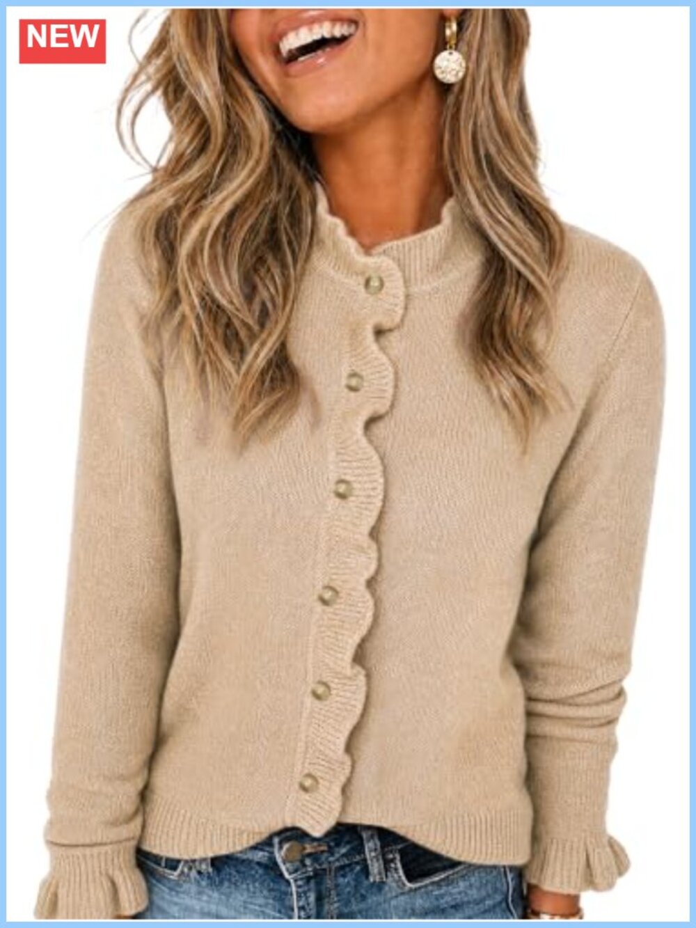 Ruffle Trim Button Down Knit Cardigan Sweater with Mock Neck